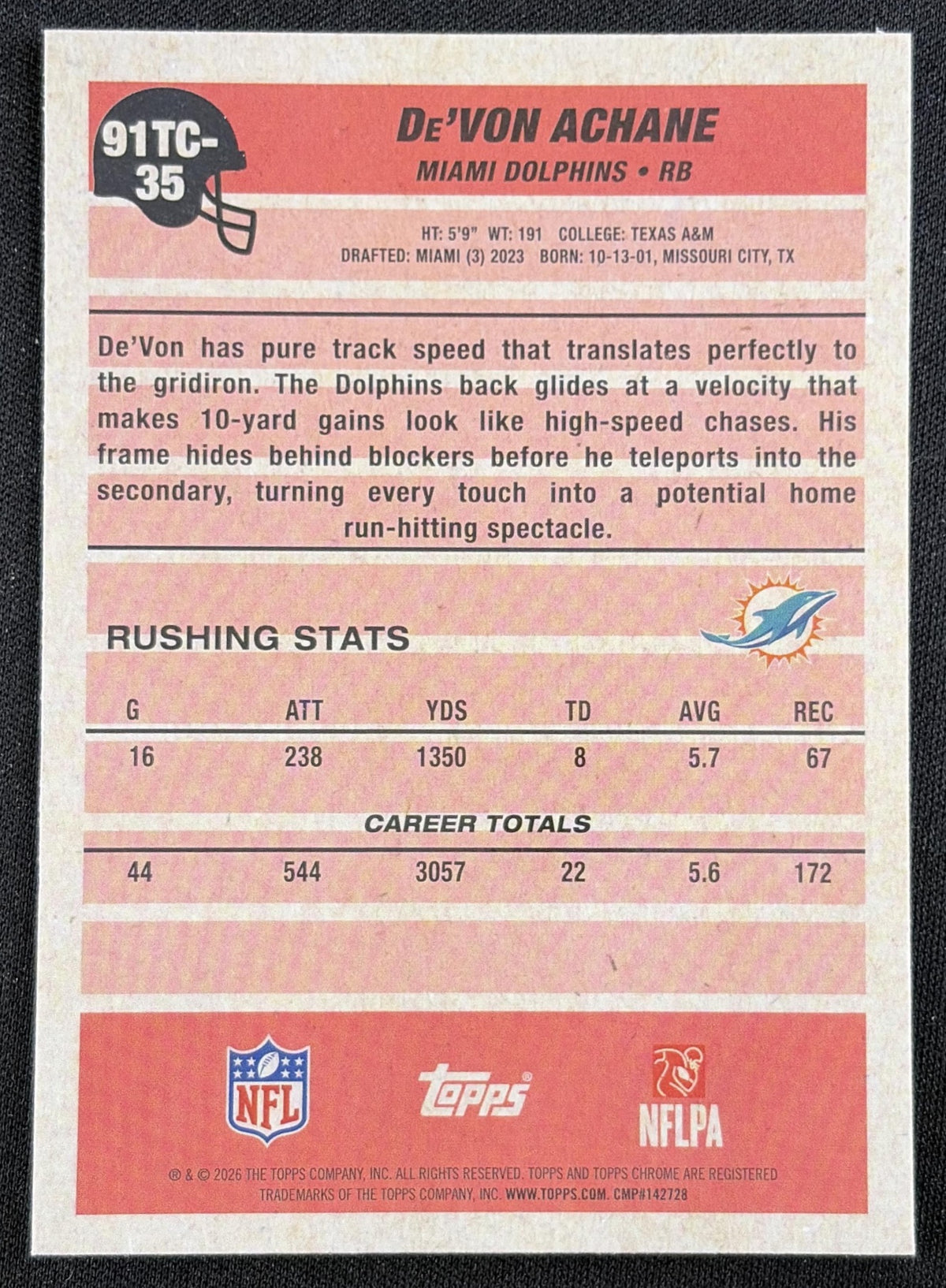 De'Von Achane 2026 Topps 1991 Chrome Mojo Refractor Dolphins back
