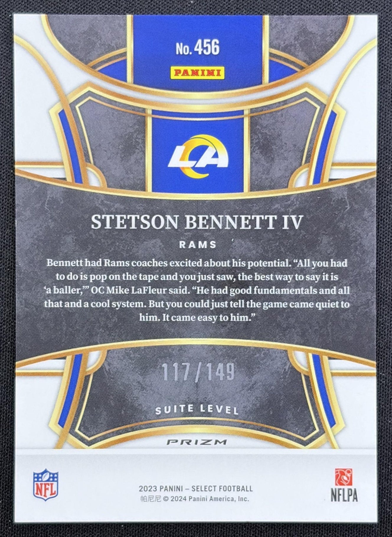Stetson Bennett IV 2023 Panini Select Tri Color Prizms /149 Rams back