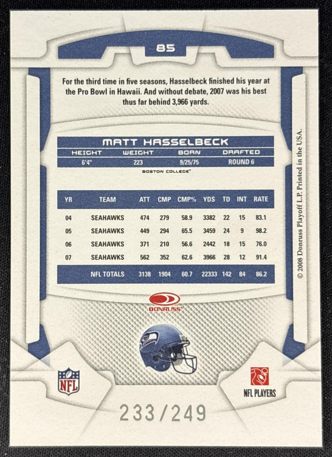 Matt Hasselbeck 2008 Leaf Rookies & Stars Longevity Silver /249 Seahawks Sports Trading Cards
