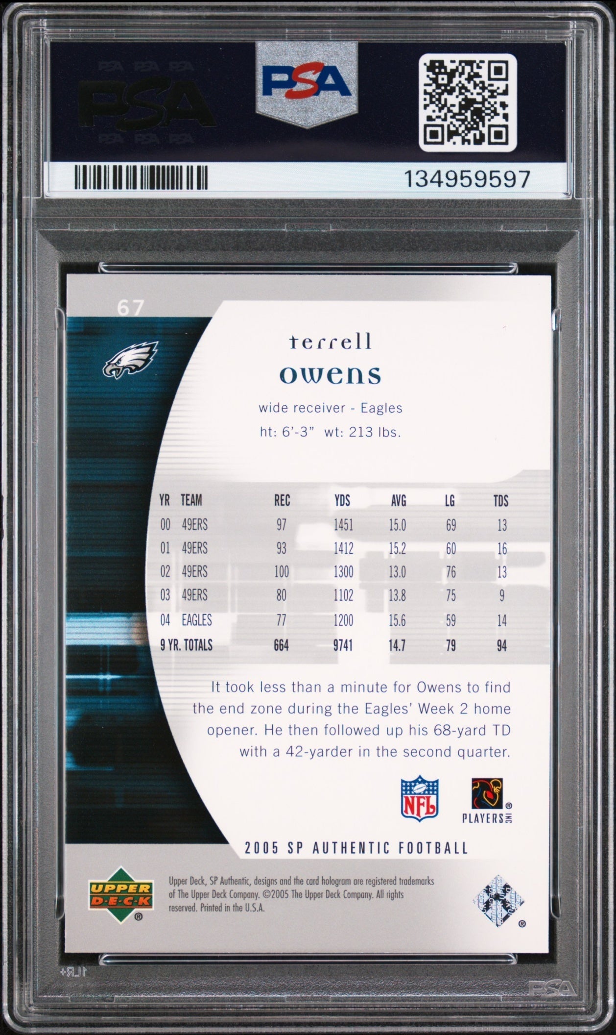 Terrell Owens 2005 SP Authentic PSA 10 Eagles back