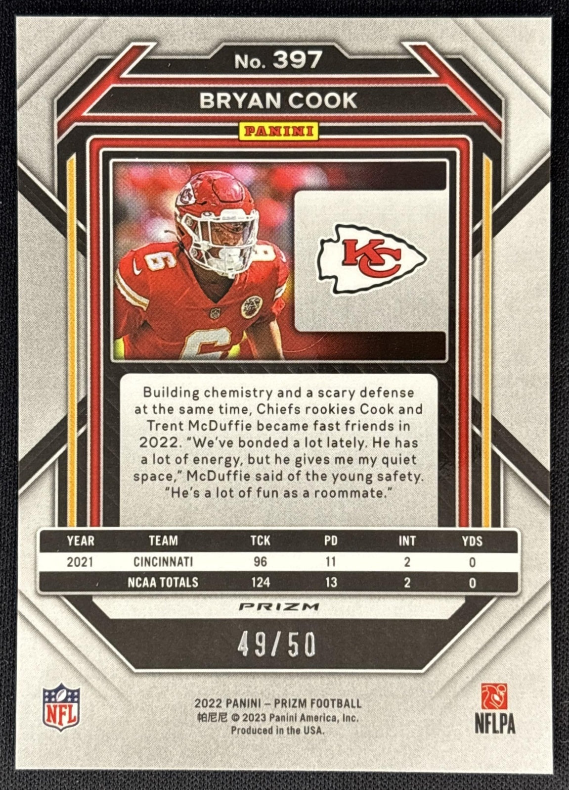 Bryan Cook 2022 Panini Prizm No Huddle Red /50 Chiefs back