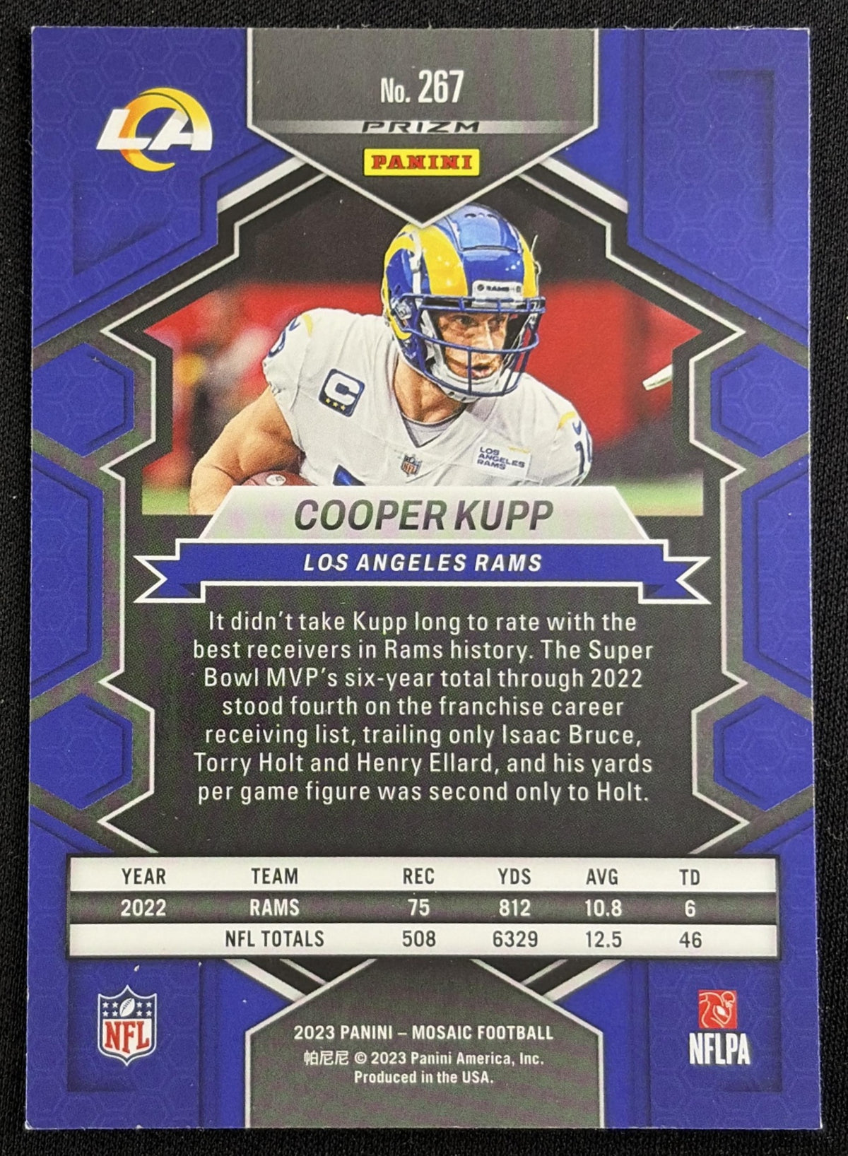 Back of Cooper Kupp 2023 Panini Mosaic Camo Pink Mosaic Rams sports trading card