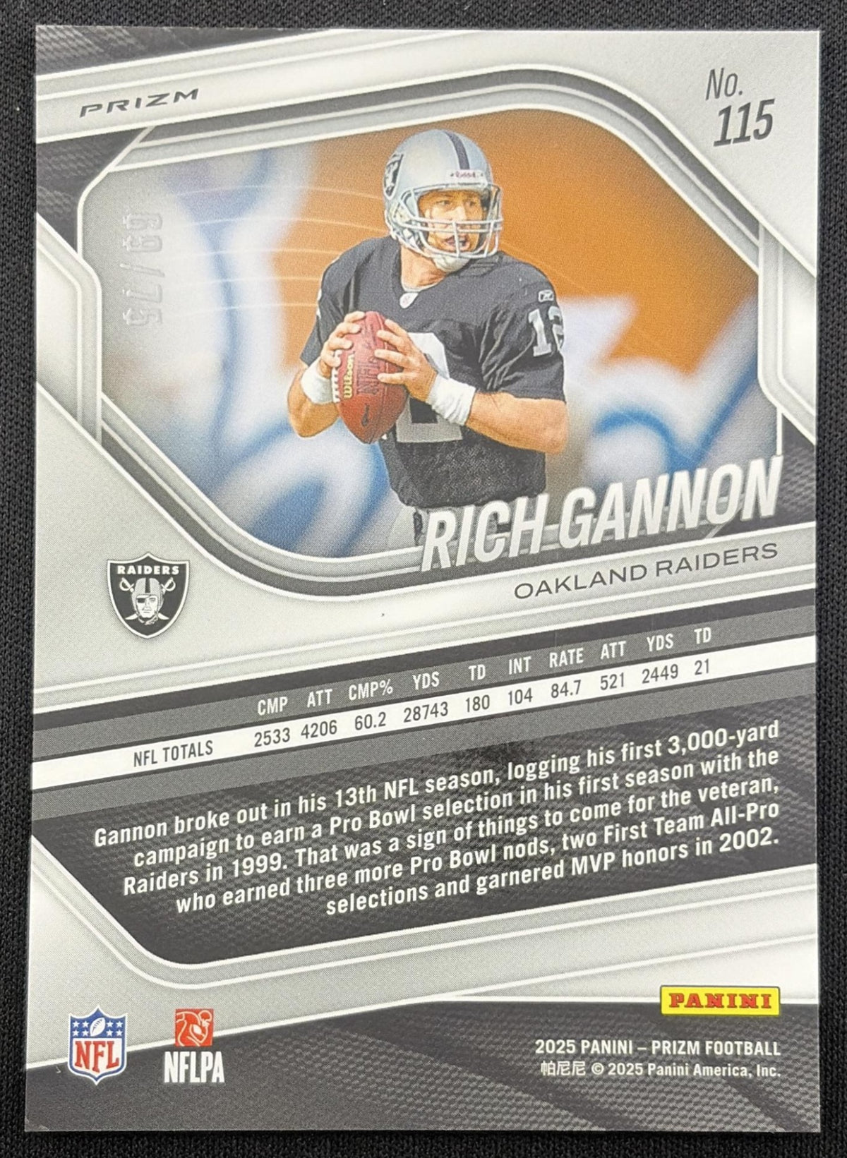 Rich Gannon 2025 Panini Prizm No Huddle Purple /75 Raiders Oakland Raiders