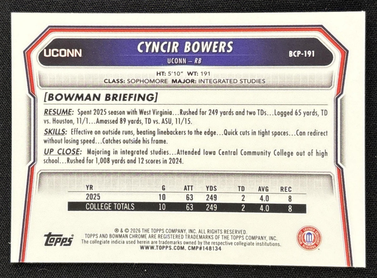 Cyncir Bowers 2026 Bowman Chrome Prospects Mojo Refractor Huskies