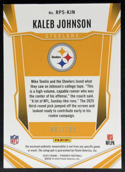 Kaleb Johnson 2025 Phoenix RPS Rookie Patch Auto Bronze Pandora Prizm /199 Steelers Sports Trading Cards