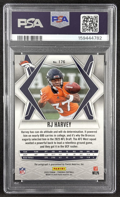 RJ Harvey 2025 Panini Phoenix Rookies Auto Silver Pandora Prizm PSA 10 Broncos Denver Broncos