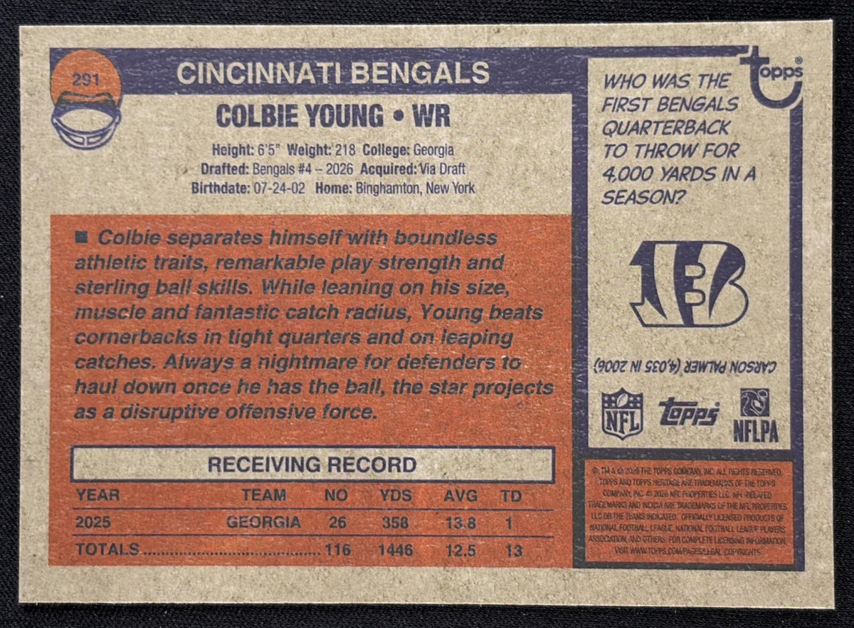 Colbie Young 2026 Topps Heritage Chrome Aqua Sparkle Bengals