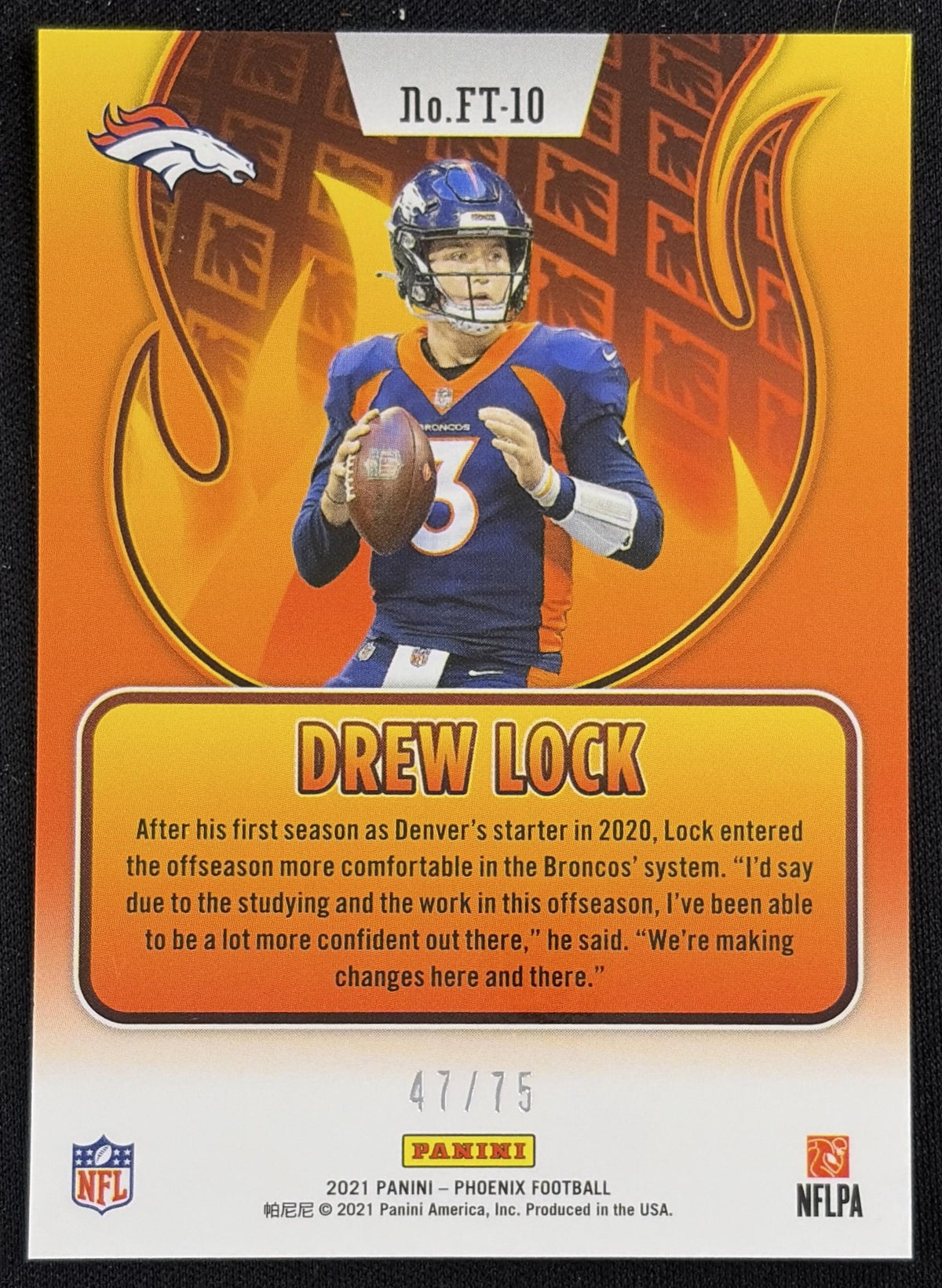 Drew Lock 2021 Panini Phoenix Flame Throwers Yellow /75 Broncos - back