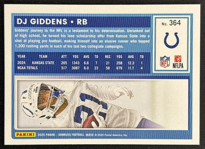 DJ Giddens 2025 Panini Donruss Rated Rookie Press Proof Green Colts back