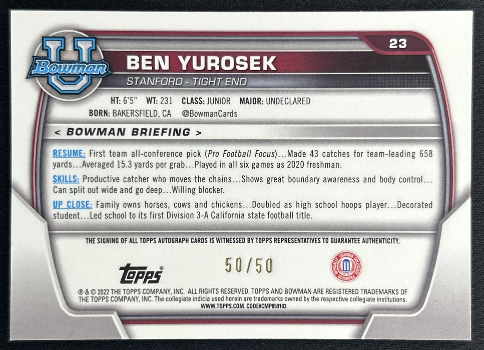 Ben Yurosek 2022 Bowman University Chrome Prospect Auto Gold Lava Refractor /50 Back