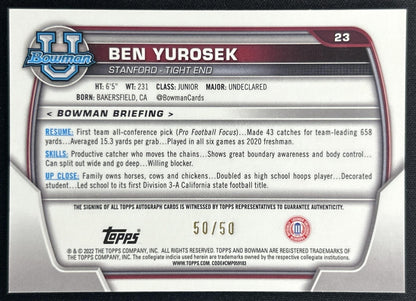 Ben Yurosek 2022 Bowman University Chrome Prospect Auto Gold Lava Refractor /50 Back