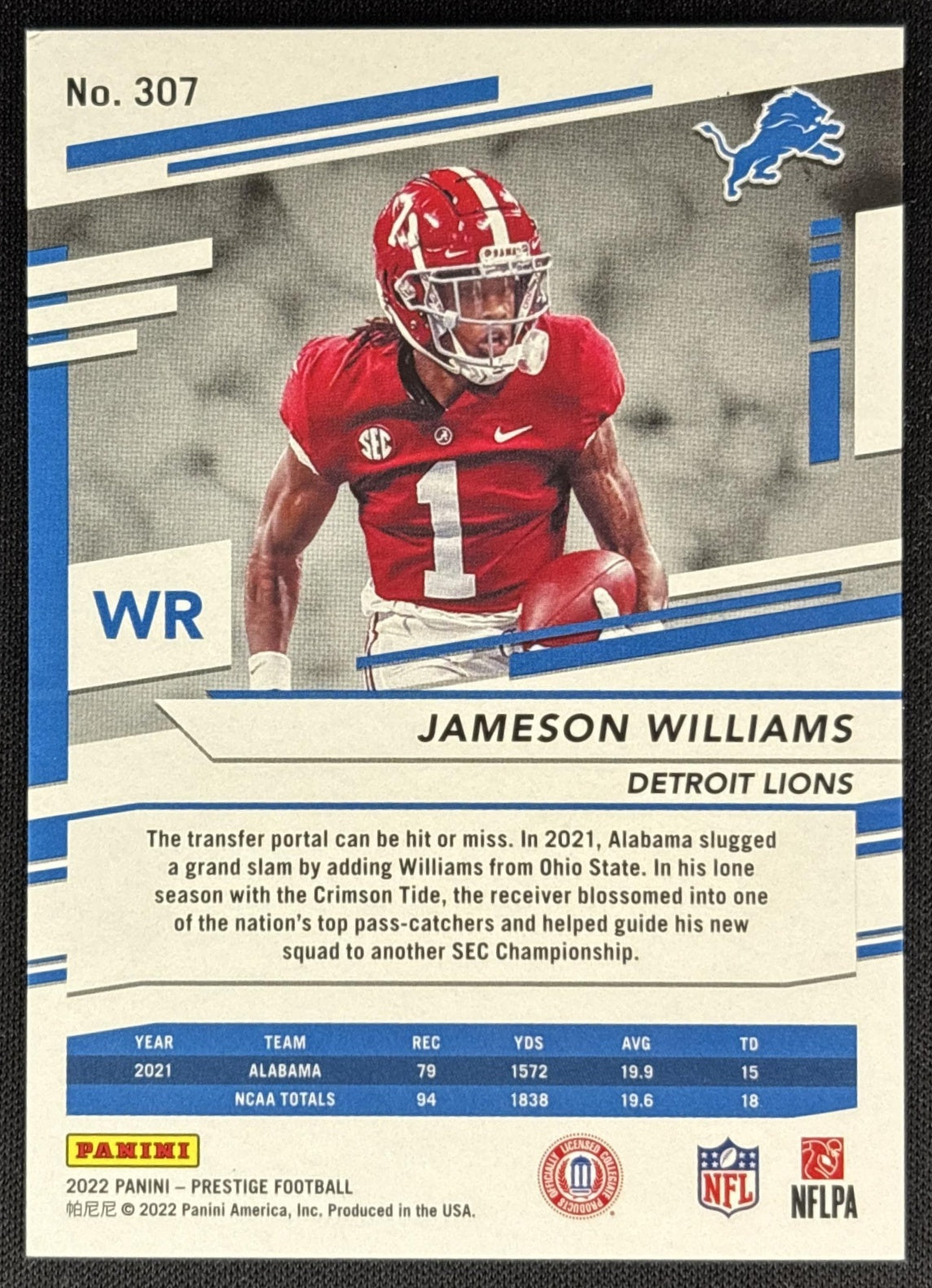 Jameson Williams 2022 Panini Prestige Xtra Points Premium Blue /299 Lions Sports Trading Cards
