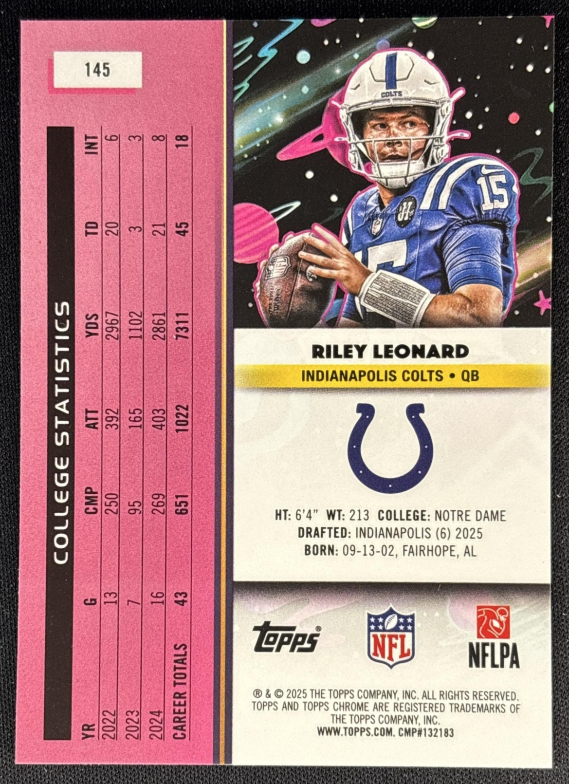 Riley Leonard 2025 Topps Cosmic Chrome Colts