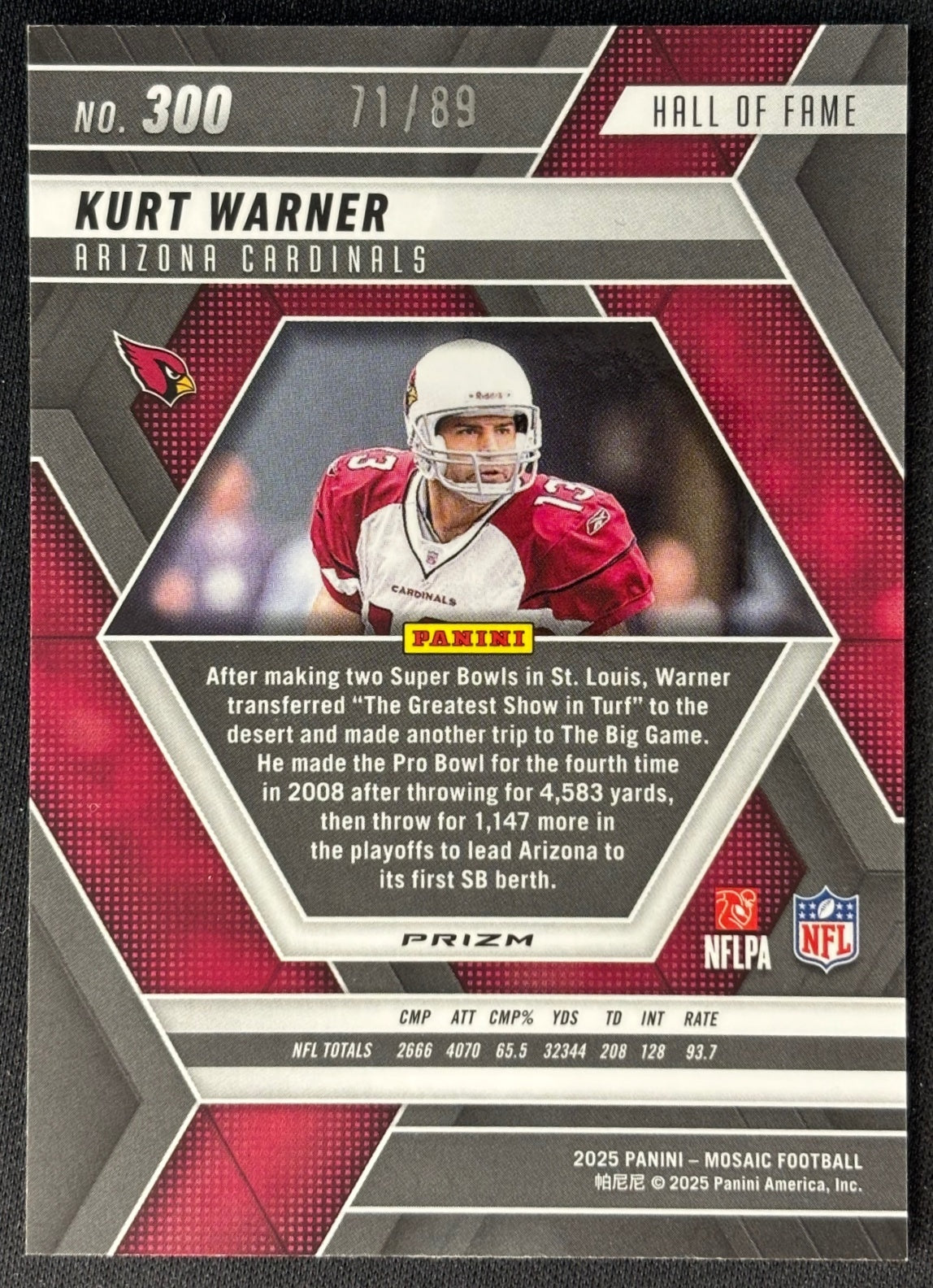 Kurt Warner 2025 Mosaic Hall of Fame Choice Fusion Red & Yellow Prizm /89 Cardinals back | Wayne Collection