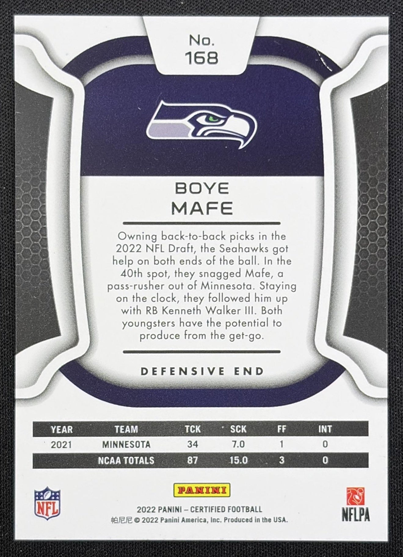 Boye Mafe 2022 Panini Certified Mirror Teal /50 Seahawks back