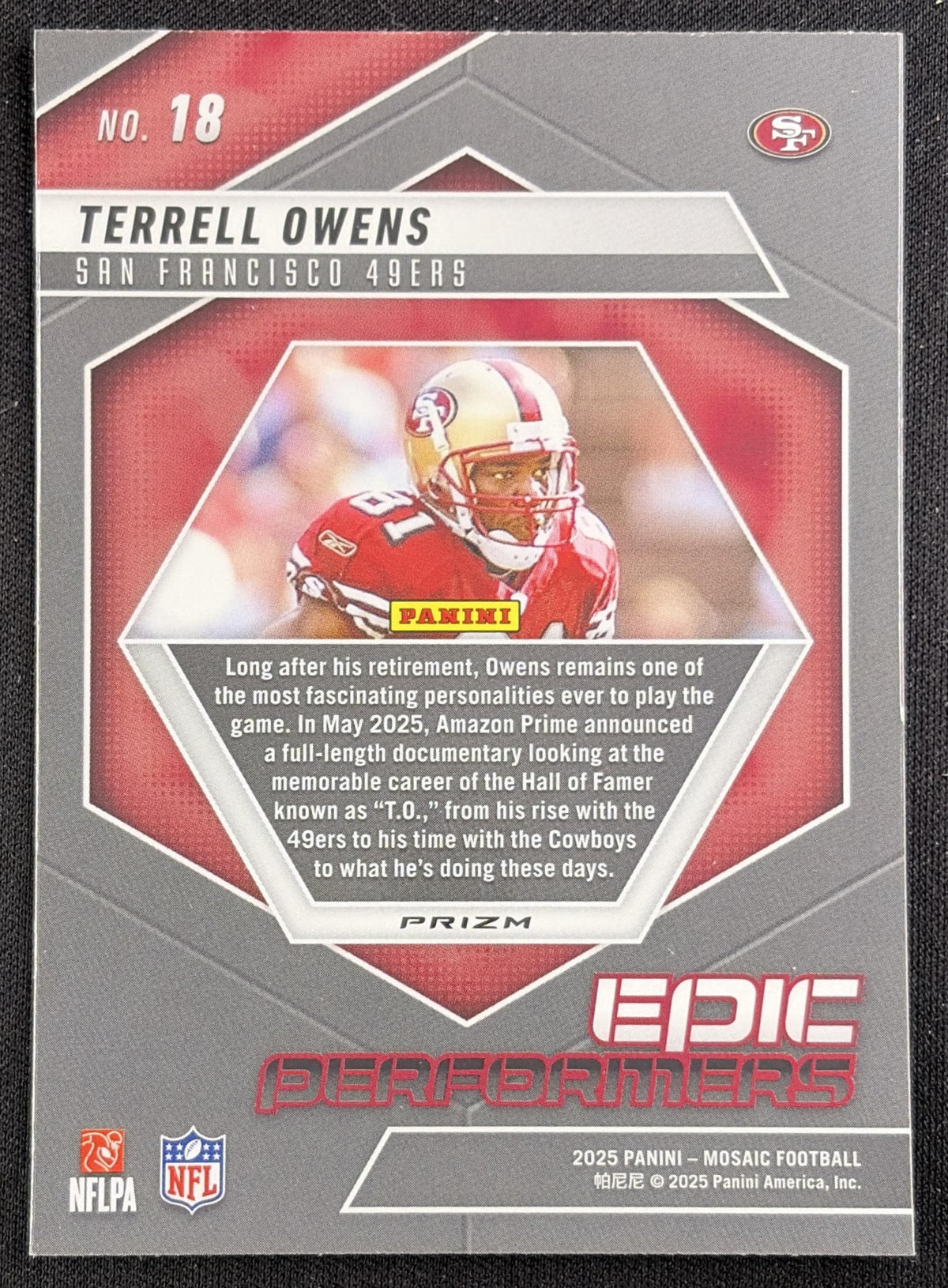 Terrell Owens 2025 Panini Mosaic Epic Performers Green Prizm 49ers Sports Trading Card