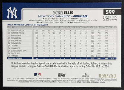 Duke Ellis 2025 Topps Purple Holo Foil /250 Yankees back