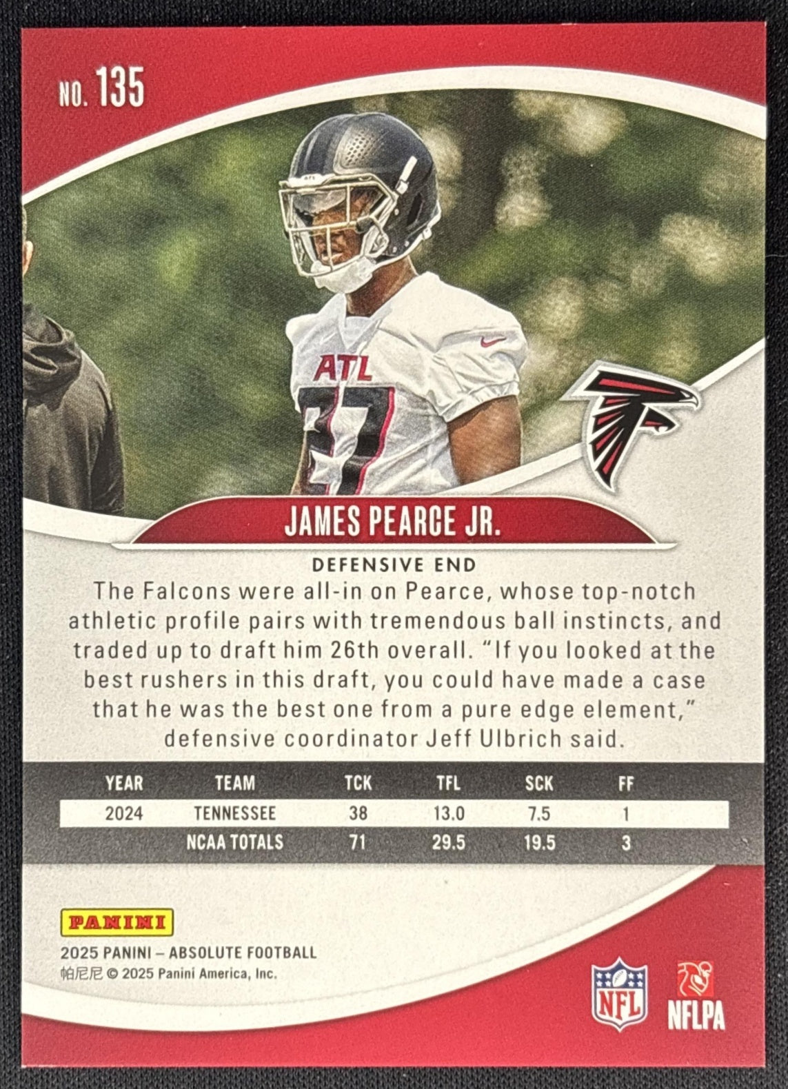 James Pearce Jr. 2025 Panini Absolute Rookies Red Sqaures /850 Falcons back