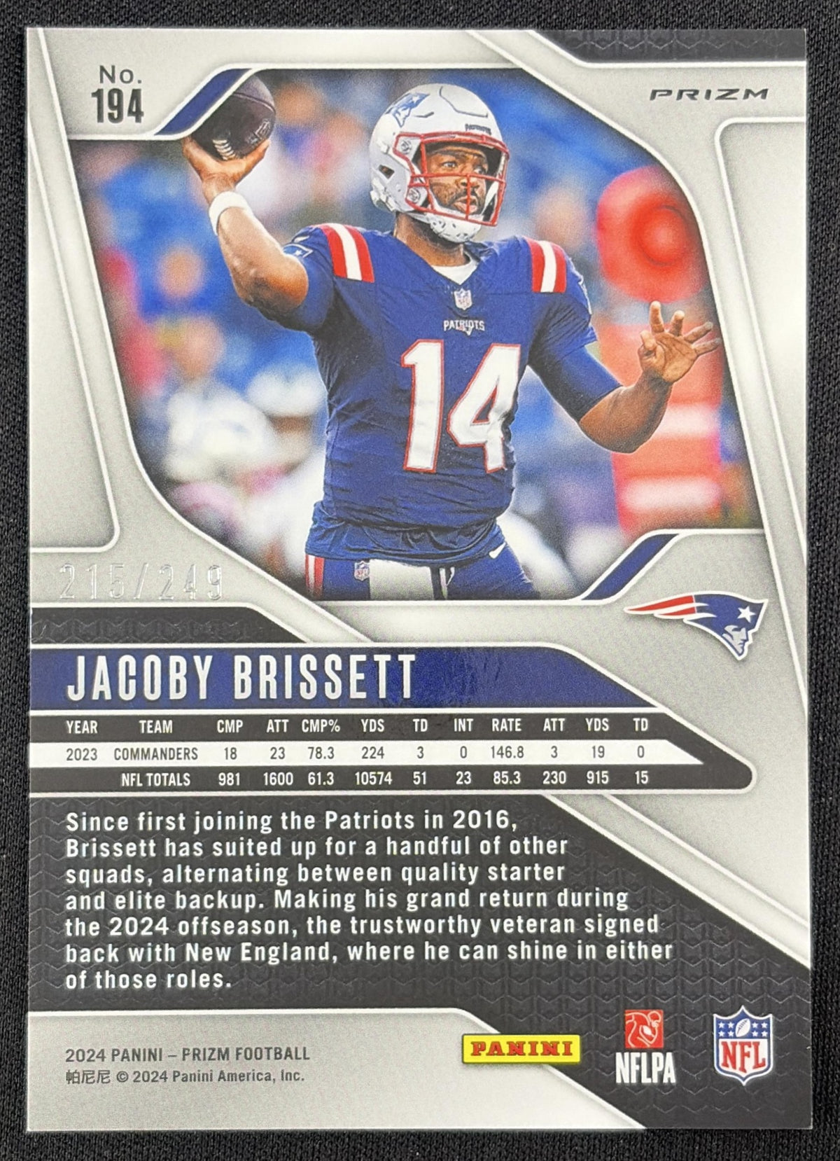 Jacoby Brissett 2024 Panini Prizm Orange /249 New England Patriots