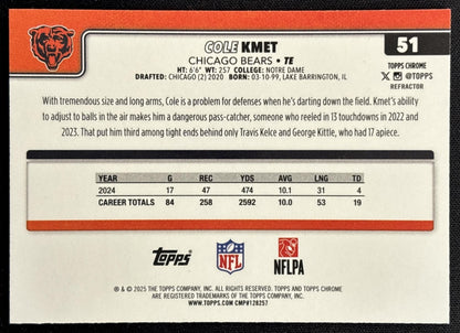 Cole Kmet 2025 Topps Chrome Refractor Bears - Back