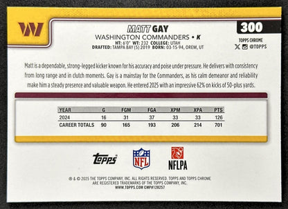 Matt Gay 2025 Topps Chrome Sapphire Commanders Sports Trading Card