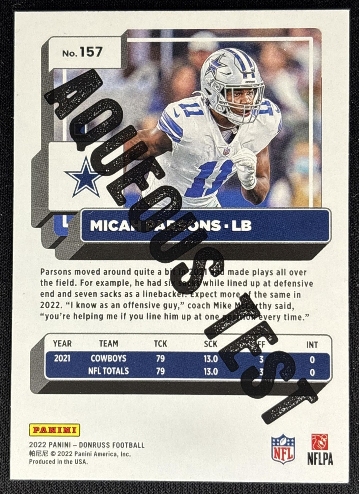 Micah Parsons 2022 Panini Donruss Aqueous Test Cowboys Dallas Cowboys