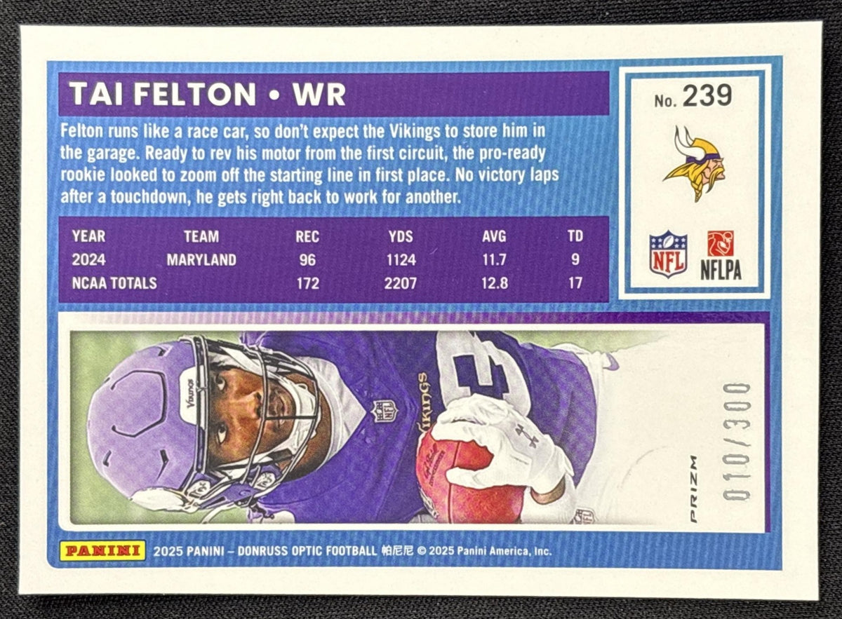 Tai Felton 2025 Panini Donruss Optic Rated Rookie Wave Prizm /300 Vikings