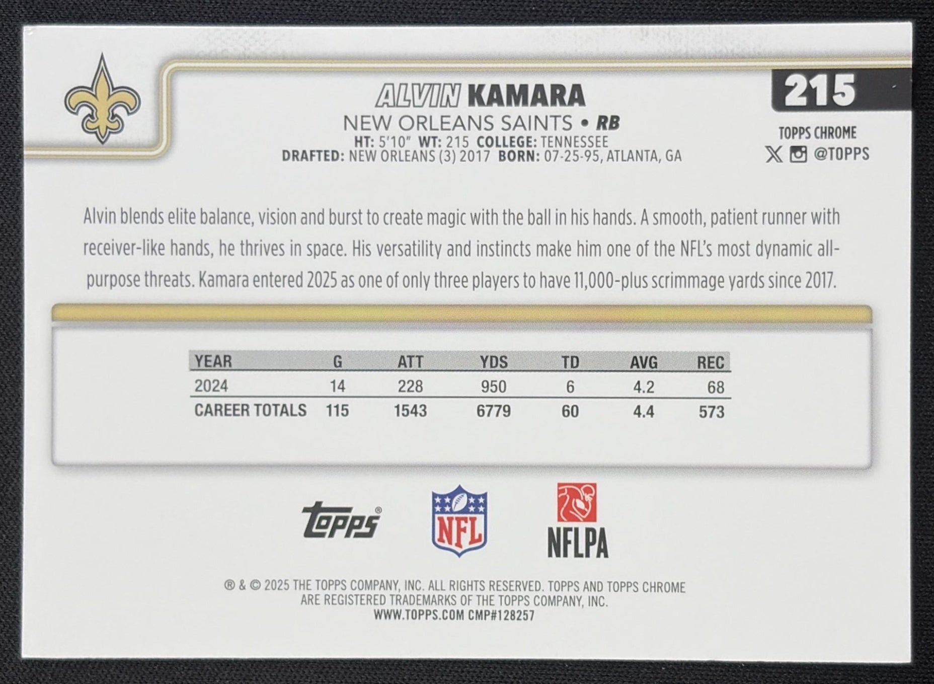 Alvin Kamara 2025 Topps Chrome Aqua Wave Refractor /199 Saints New Orleans Saints