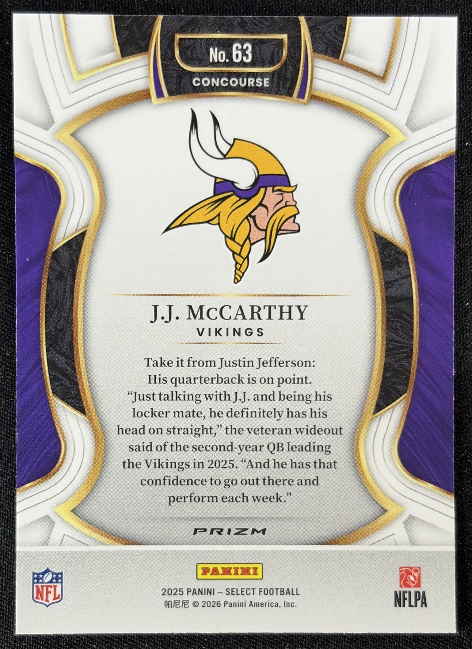 J.J. McCarthy 2025 Panini Select Concourse Pink Prizm Shock Vikings