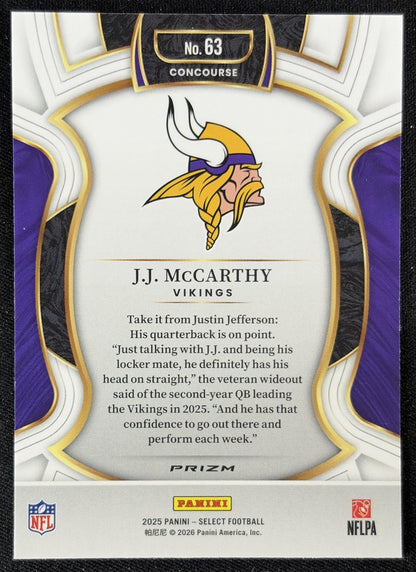 J.J. McCarthy 2025 Panini Select Concourse Pink Prizm Shock Vikings