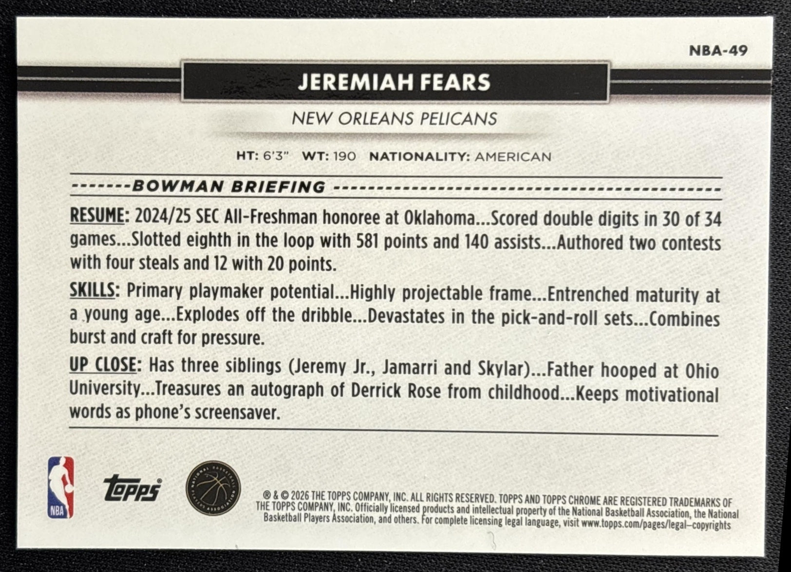 Jeremiah Fears 2026 Topps NSCC Collection NBA Sports Trading Cards