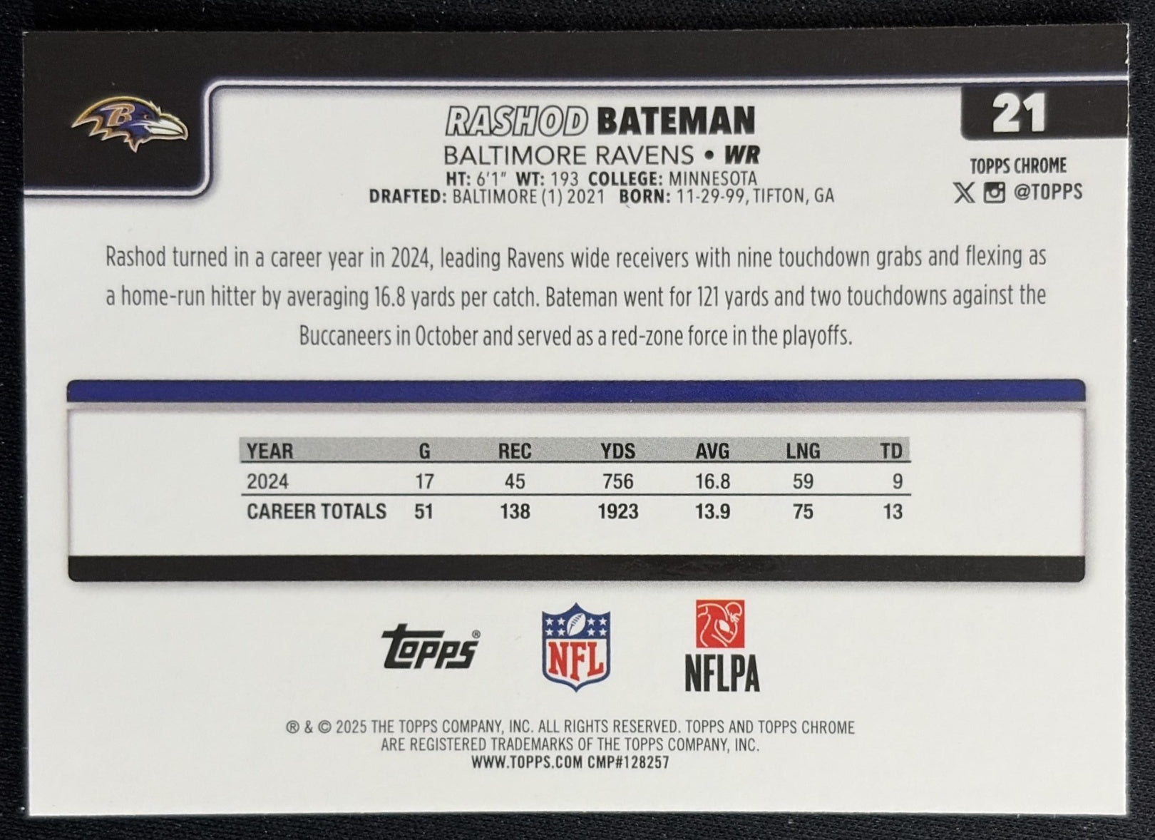 Rashod Bateman 2025 Topps Chrome Blue Refractor /150 Ravens back