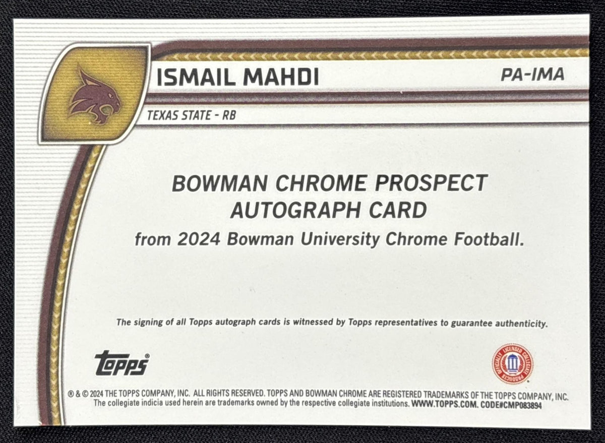 Ismail Mahdi 2024 Bowman Chrome University Prospect Auto Yellow Refractor /75