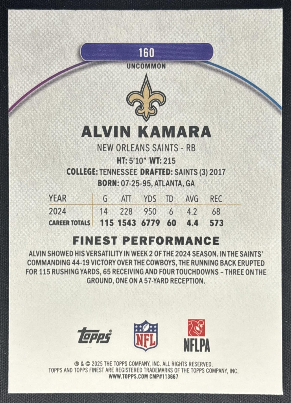 Alvin Kamara 2025 Topps Finest Uncommon Sky Blue Refractor /250 Saints back