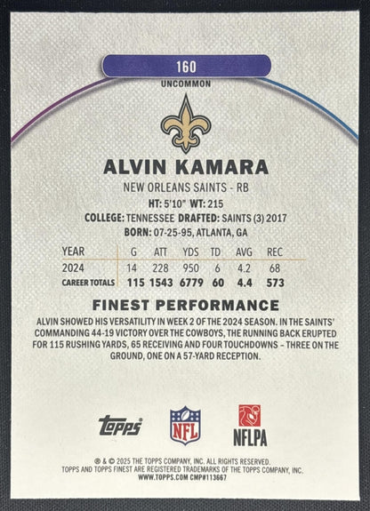 Alvin Kamara 2025 Topps Finest Uncommon Sky Blue Refractor /250 Saints back