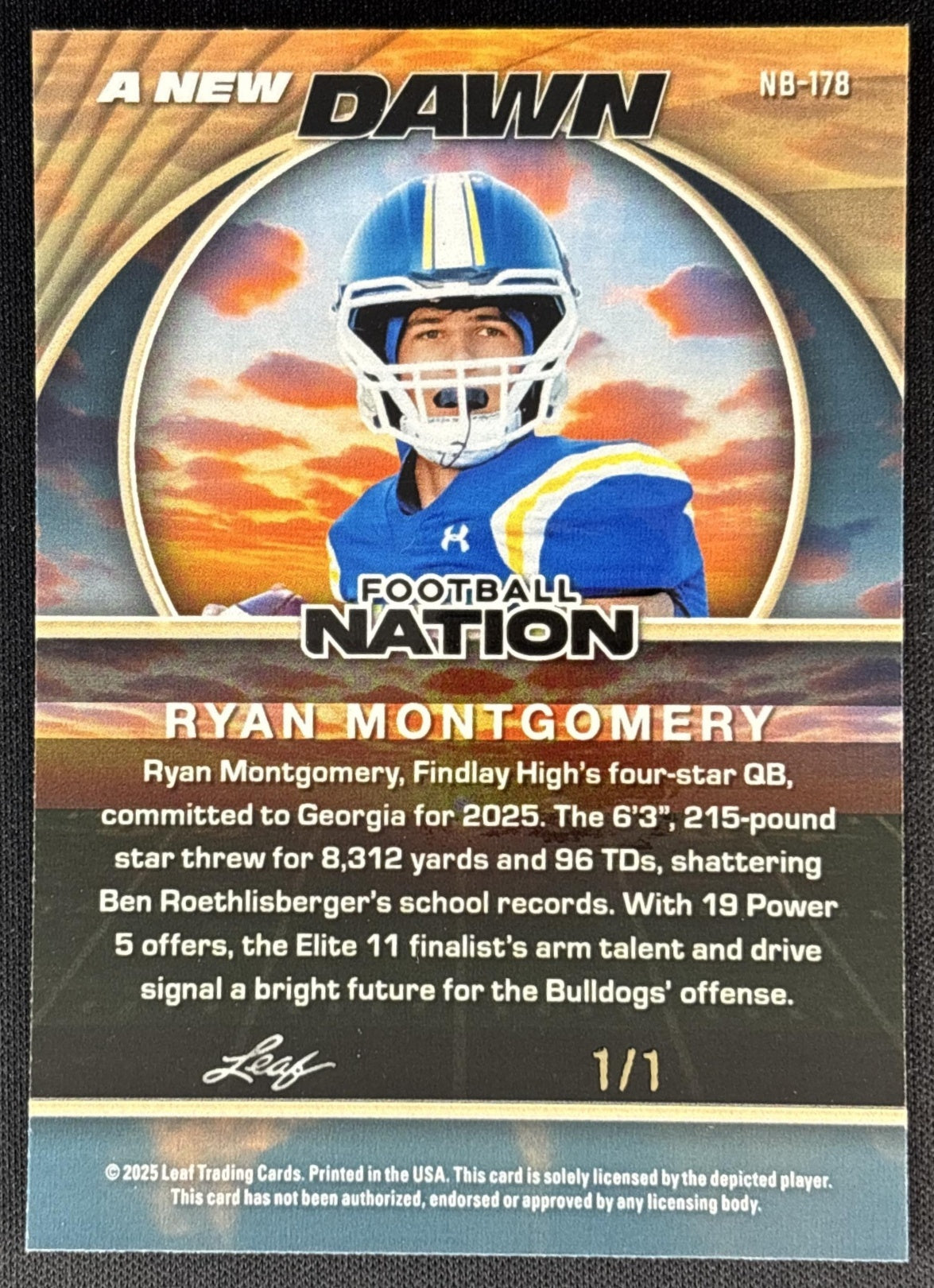Ryan Montgomery 2025 Leaf Football Nation A New Dawn Lava Purple 1/1