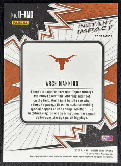 Arch Manning 2025 Panini Prizm Draft Picks Instant Impact Green Longhorns Sports Trading Card