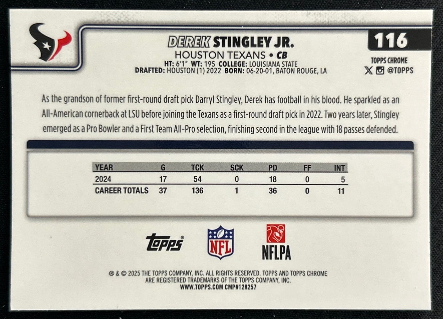 Derek Stingley Jr. 2025 Topps Chrome Texans Sports Trading Cards