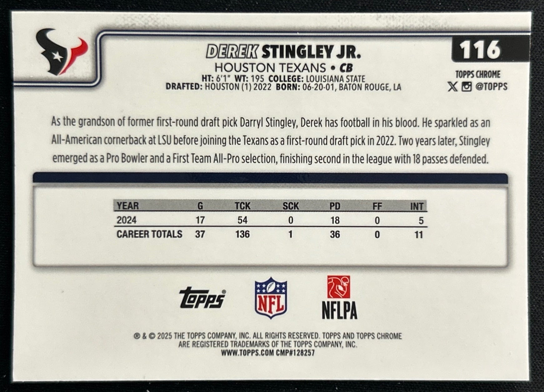 Derek Stingley Jr. 2025 Topps Chrome Texans Sports Trading Cards