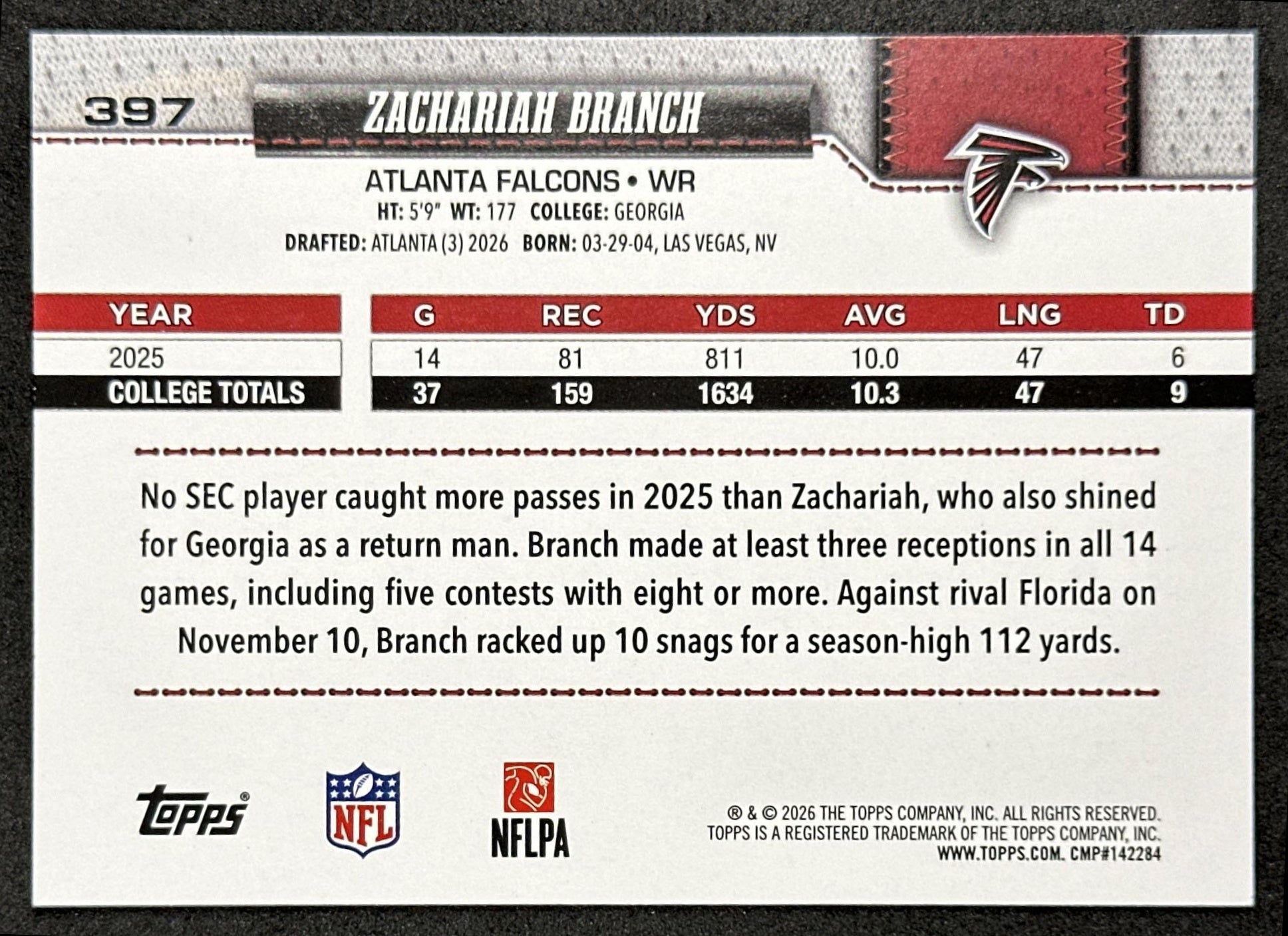 Zachariah Branch 2026 Topps Flagship Rookie Falcons Sports Trading Cards