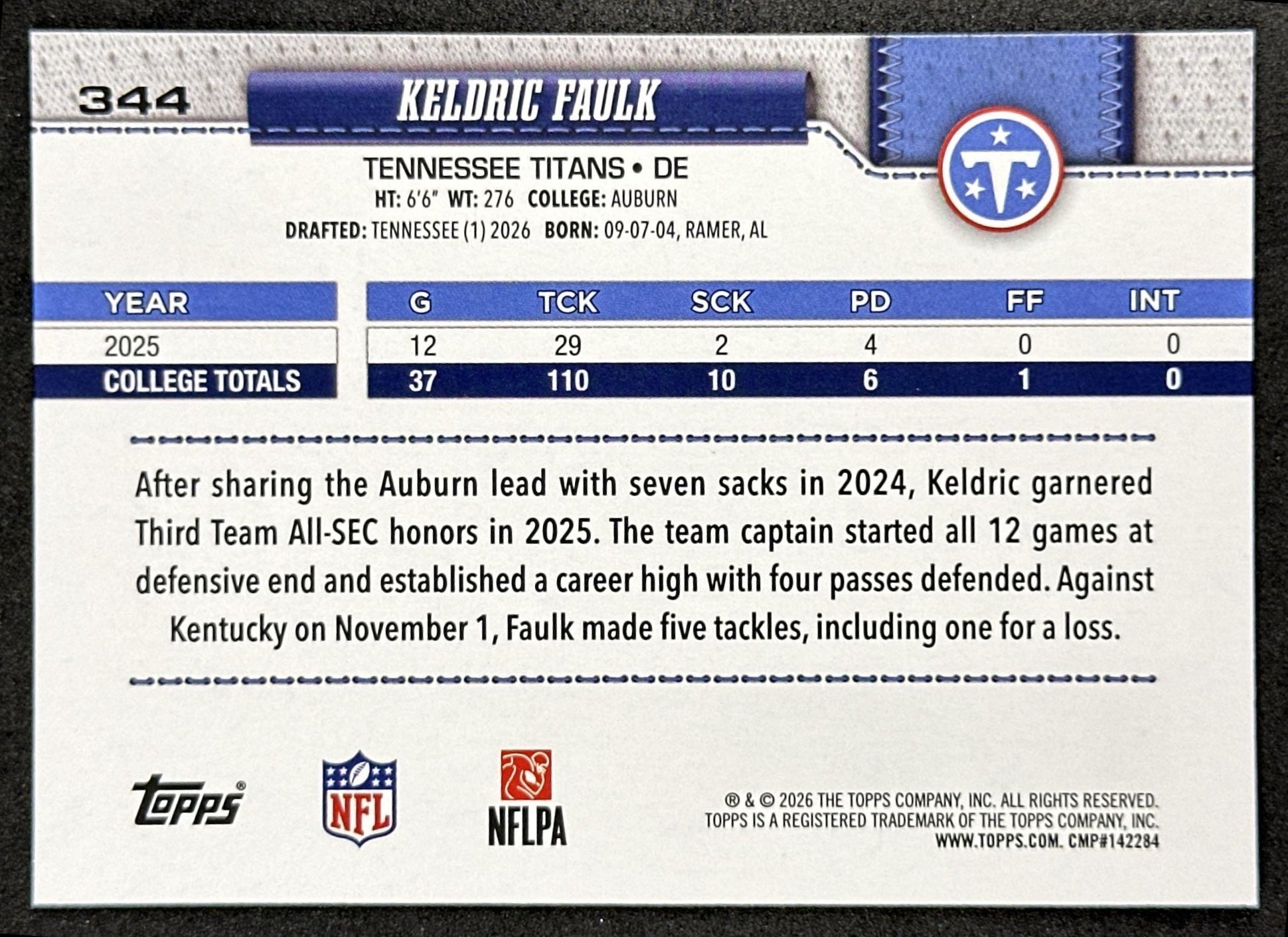 Keldric Faulk 2026 Topps Flagship Rookie Titans Sports Trading Card