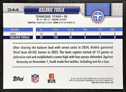 Keldric Faulk 2026 Topps Flagship Rookie Titans Sports Trading Card