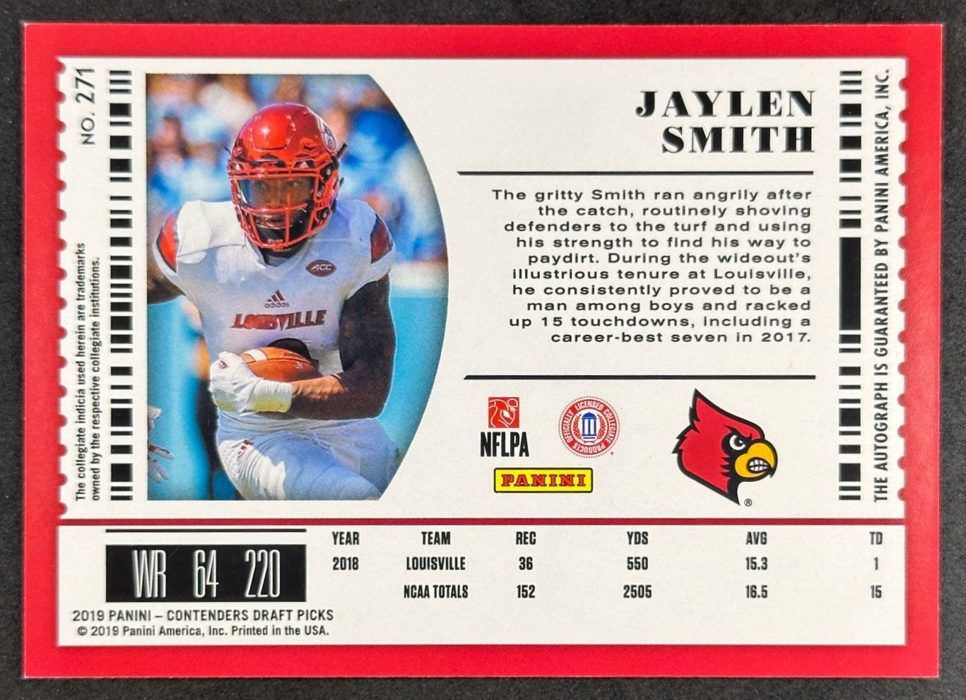 Jaylen Smith Auto 2019 Contenders Draft Picks Collegiate Louisville Cardinals back image