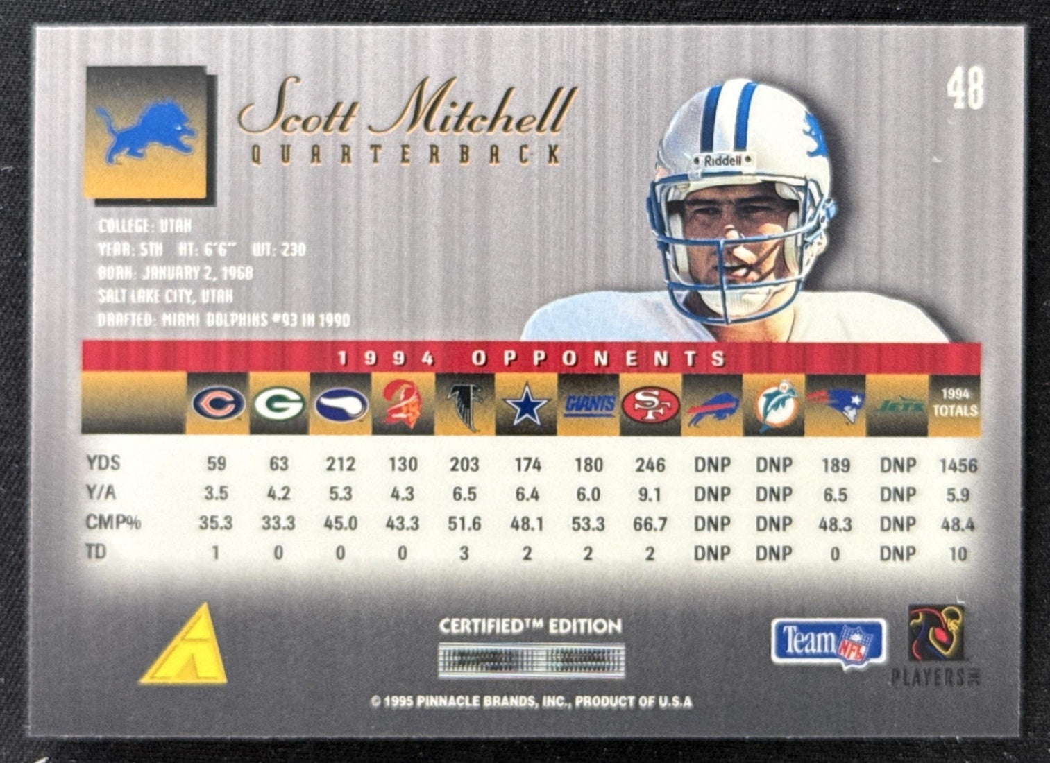 Scott Mitchell 1995 Pinnacle Select Certified Lions Sports Trading Card