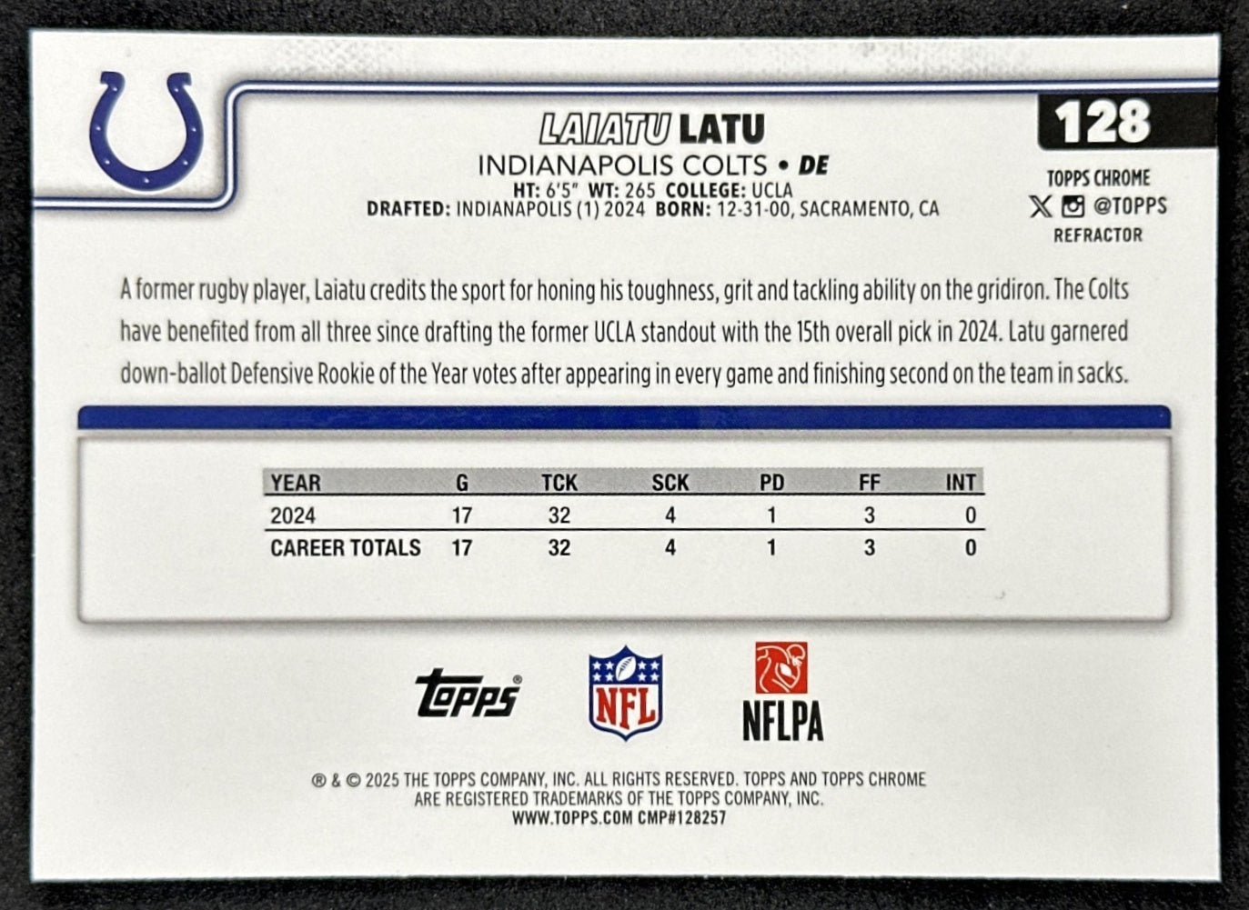 Laiatu Latu 2025 Topps Chrome Refractor Colts back sports trading card
