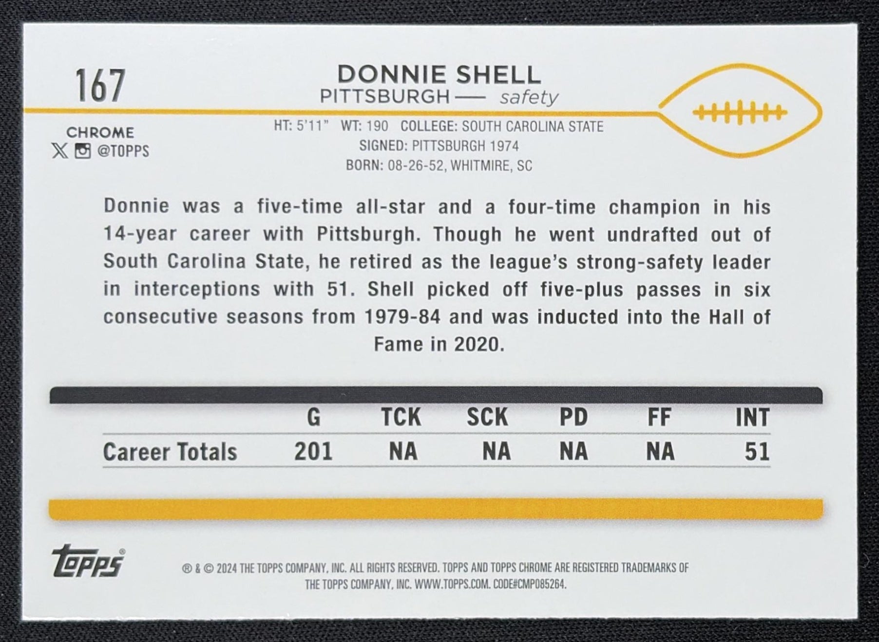 Donnie Shell 2024 Topps Chrome Magenta Speckle Refractor /399 Steelers