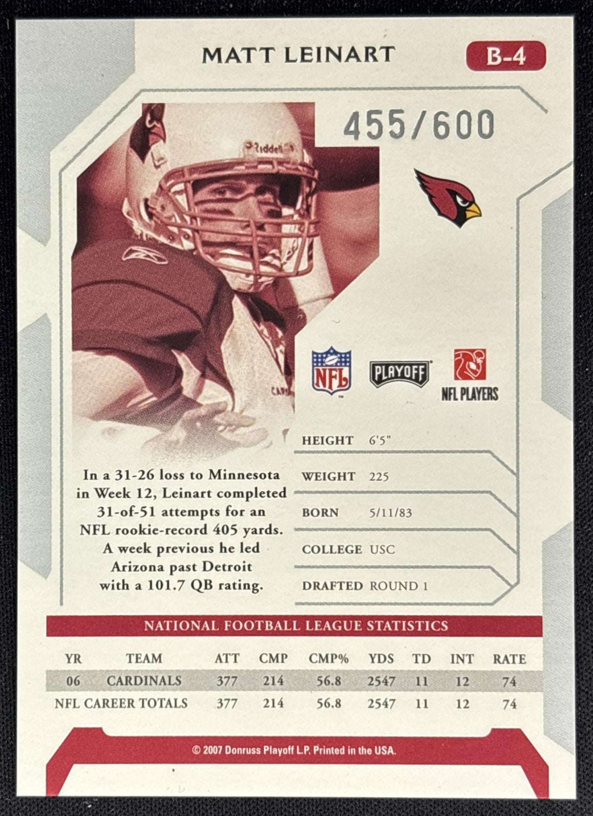 Matt Leinart 2007 Playoffs /600 Cardinals back