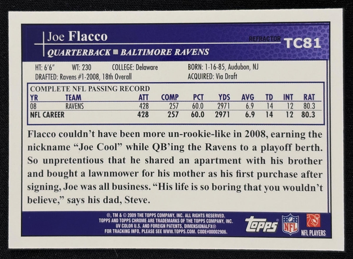 Joe Flacco 2009 Topps Chrome Refractors Ravens sports trading card back