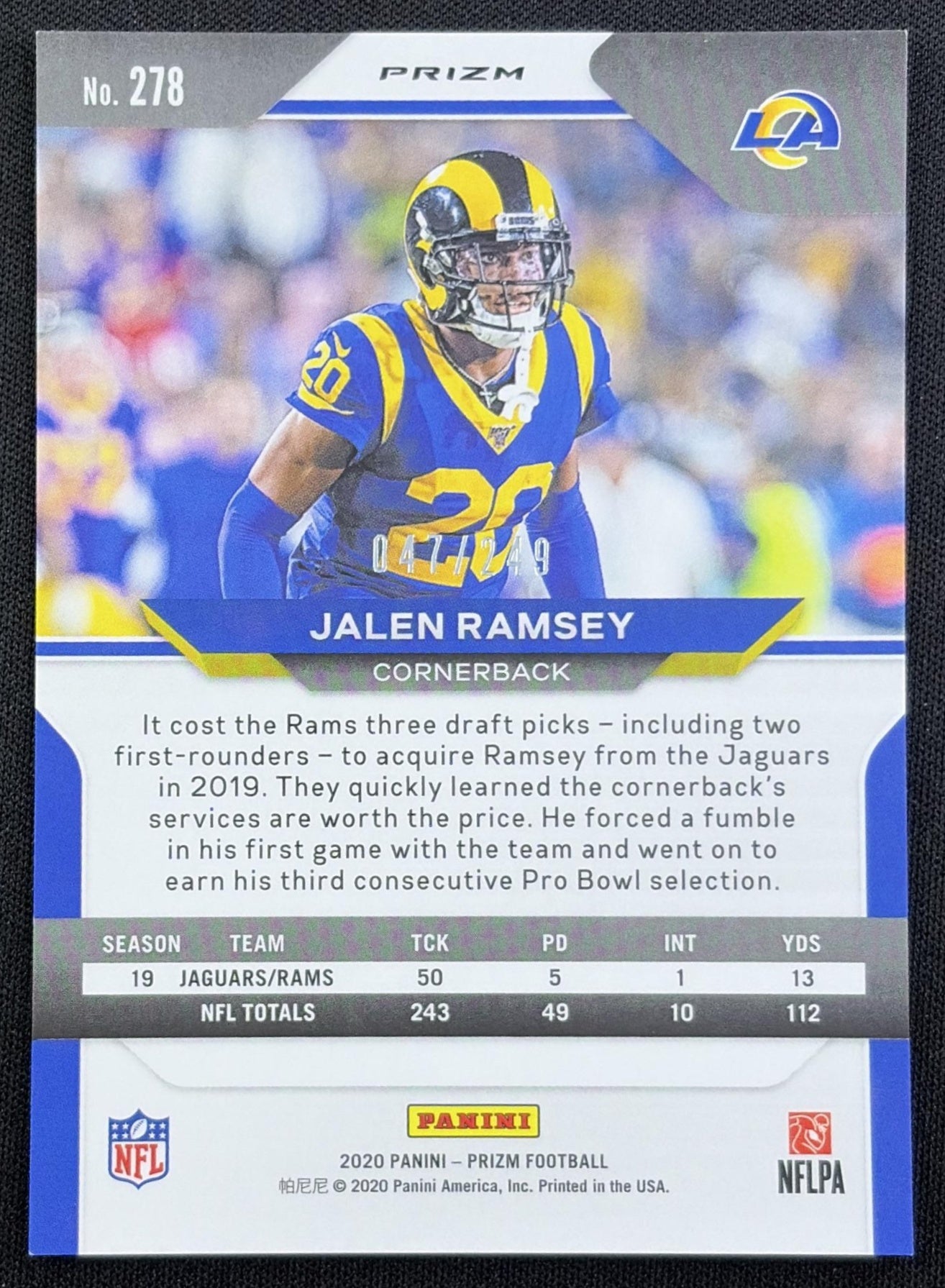 Jalen Ramsey 2020 Panini Prizm Orange /249 Rams back