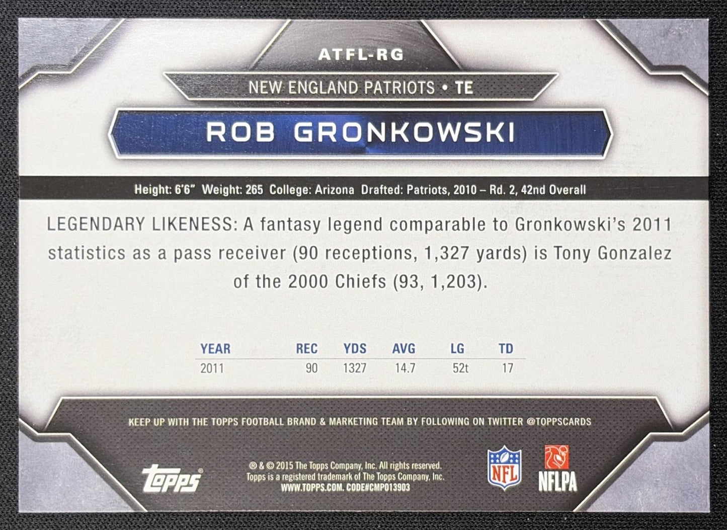 Rob Gronkowski 2015 Topps All Time Fantasy Legends Patriots